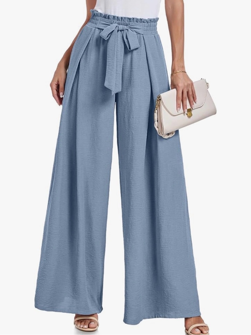 High-Waist Wide Leg Paperbag Pants - Dusty Blue